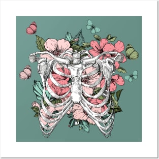 Blooming flowers human ribcage with butterflies Posters and Art
